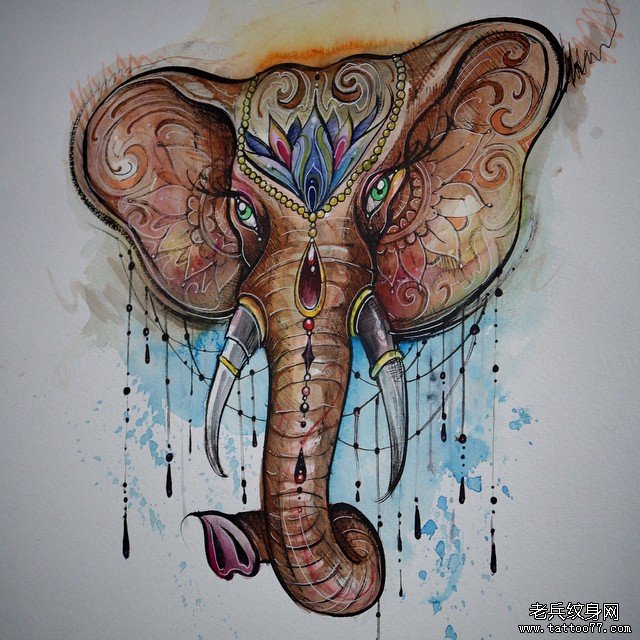泼墨大象彩绘纹身图案手稿