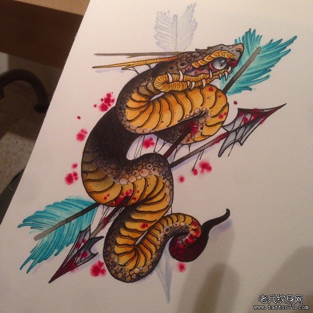 欧美school蛇箭彩色纹身图案手稿