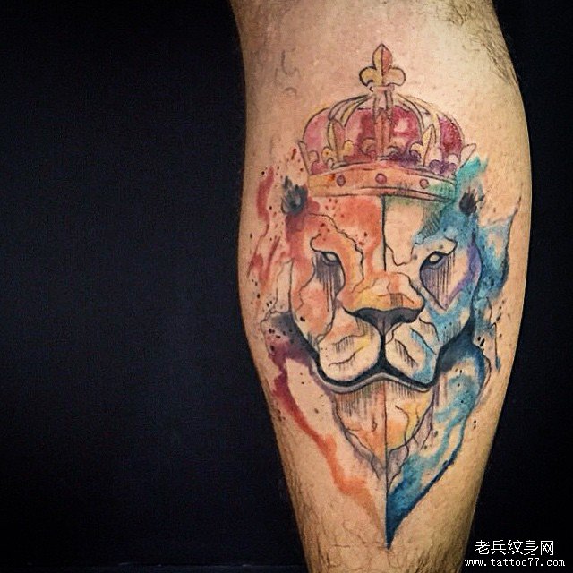 小腿欧美狮子国王泼墨纹身图案