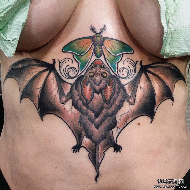 胸部蝙蝠蝴蝶纹身图案