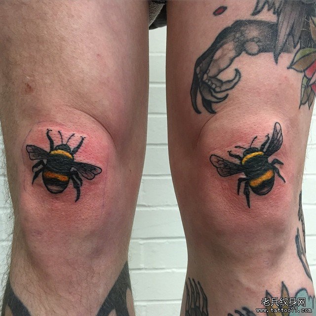 腿部膝盖蜜蜂小清新纹身图案