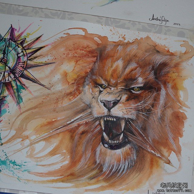 欧美泼墨凶猛的狮子纹身图案手稿