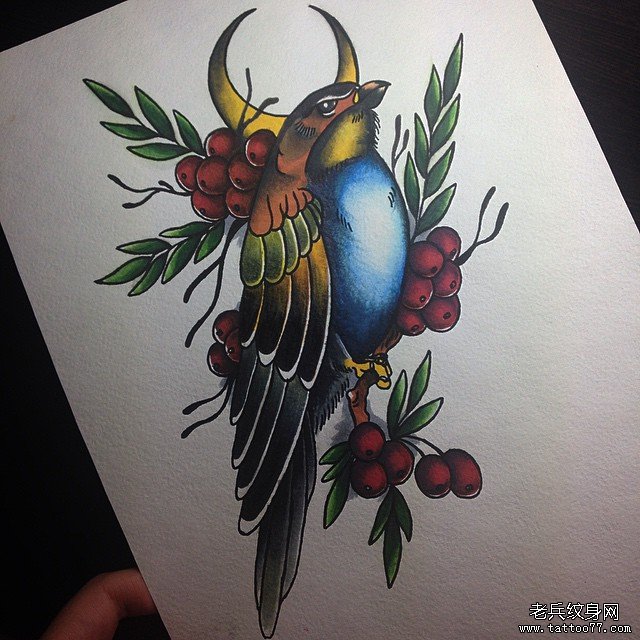 欧美school花卉鸟月亮纹身图案手稿