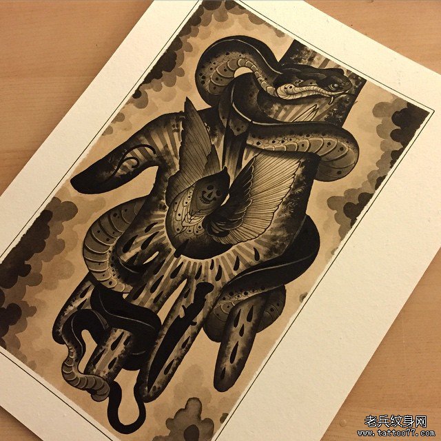 欧美school黑灰蛇手纹身图案手稿