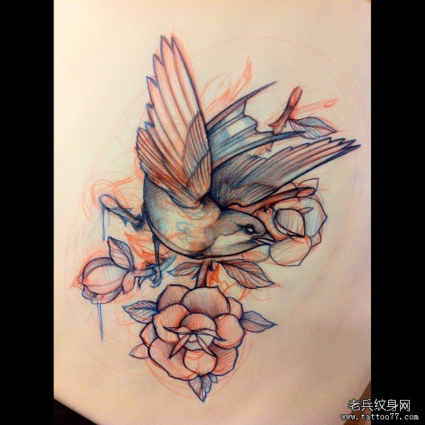 欧美玫瑰school鸟纹身图案手稿