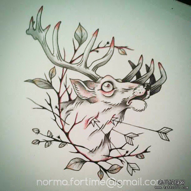 欧美麋鹿树叶纹身图案手稿