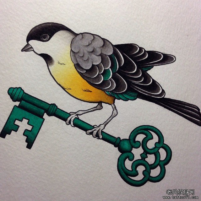 欧美鸟钥匙彩色纹身图案手稿