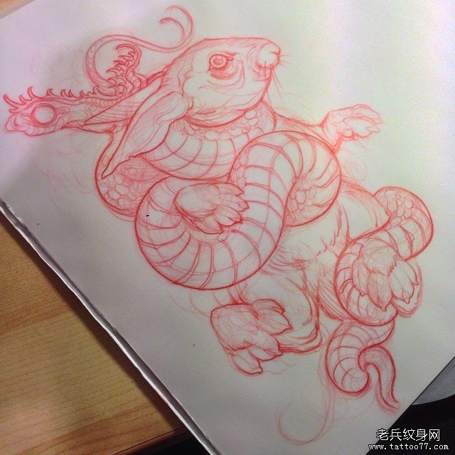 欧美school兔子蛇纹身图案手稿