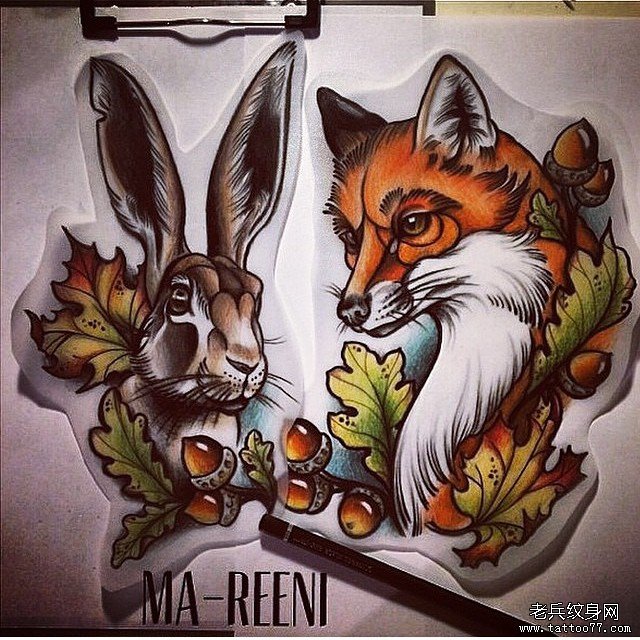 欧美school狐狸兔子纹身图案手稿