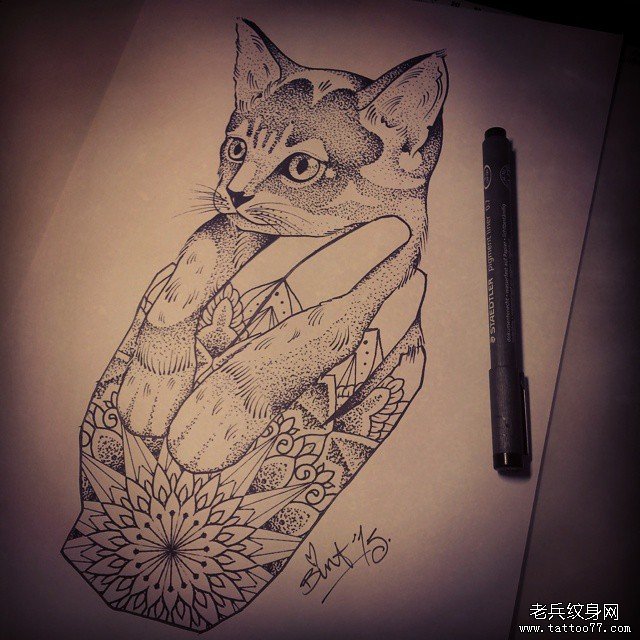 点刺曼陀罗猫纹身图案手稿