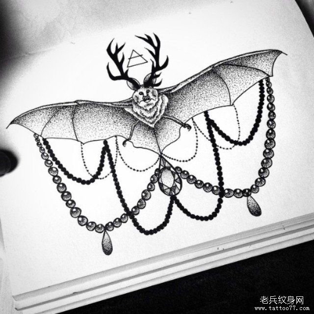 点刺蝙蝠蕾丝珠宝纹身图案手稿