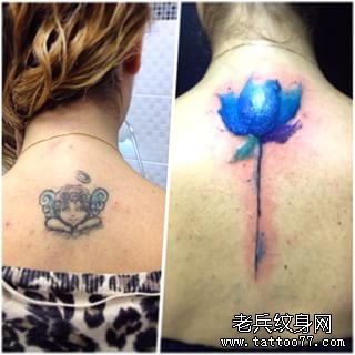背部遮盖蓝色莲花纹身图案