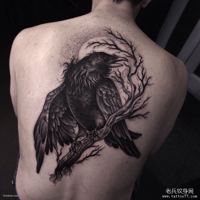 男性背部欧美乌鸦树枝月亮纹身图案