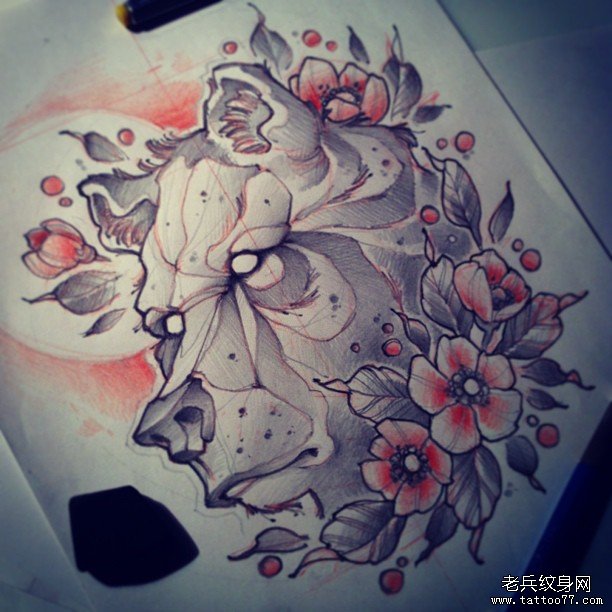 欧美school熊花卉纹身图案手稿