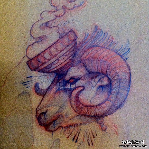 欧美羚羊羊头school纹身图案手稿