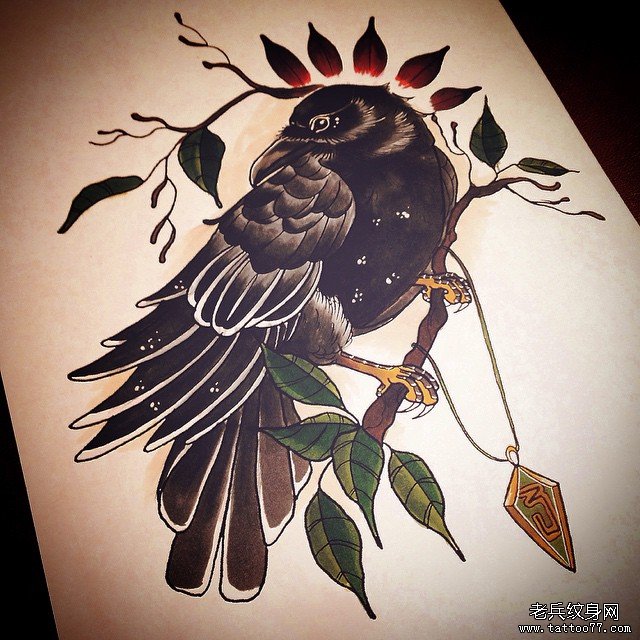 欧美school乌鸦树枝纹身图案手稿