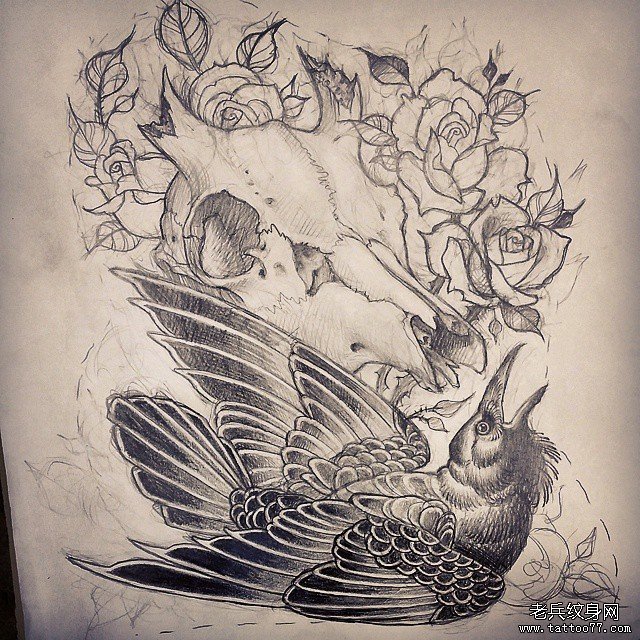 欧美羊头乌鸦玫瑰花纹身图案手稿