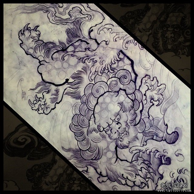 传统唐狮子纹身图案手稿