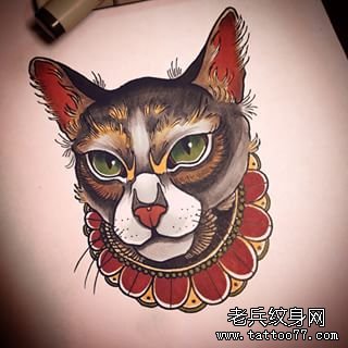 欧美school猫头纹身图案手稿