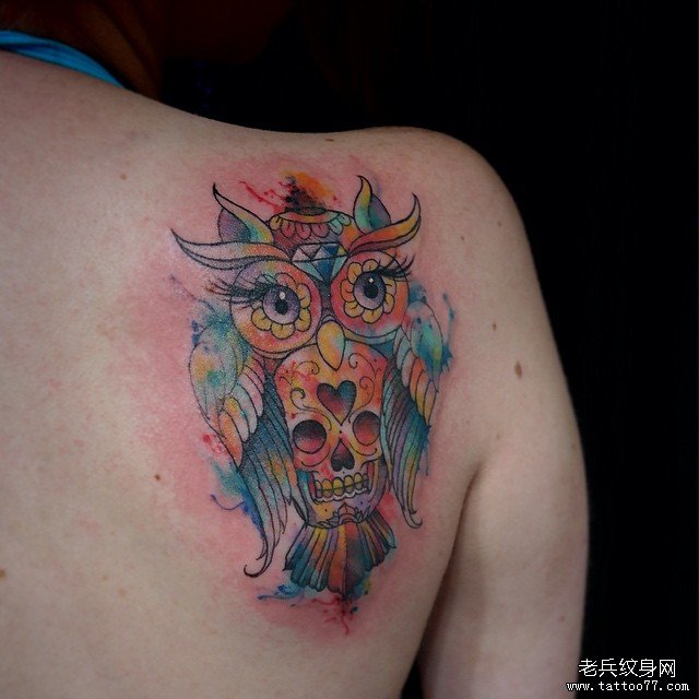 背部水彩猫头鹰纹身图案