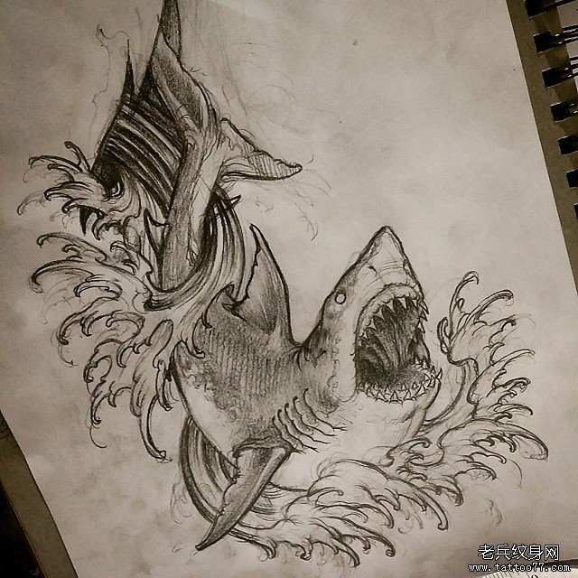 欧美鲨鱼浪花纹身图案手稿