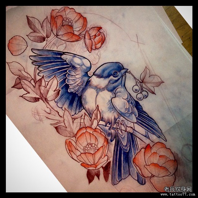 欧美new school鸟花朵纹身图案手稿