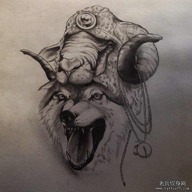 欧美狼头羊纹身图案手稿