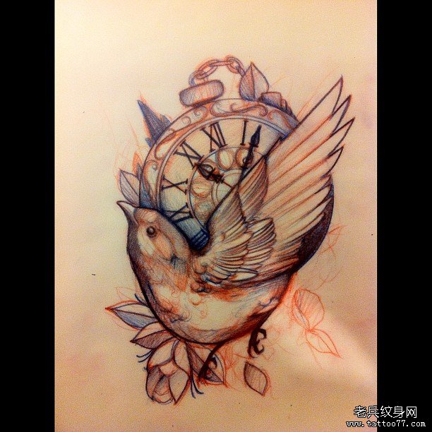 school鸟时钟纹身图案手稿