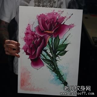 泼墨欧美玫瑰花纹身图案手稿