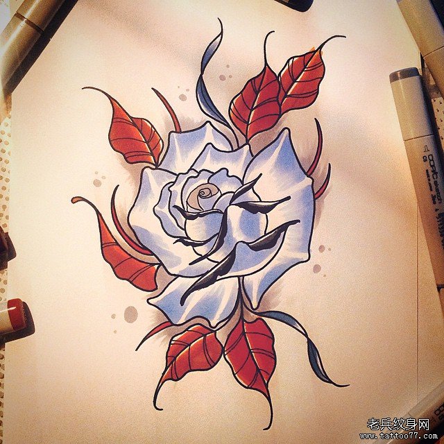 欧美玫瑰彩色school纹身图案手稿