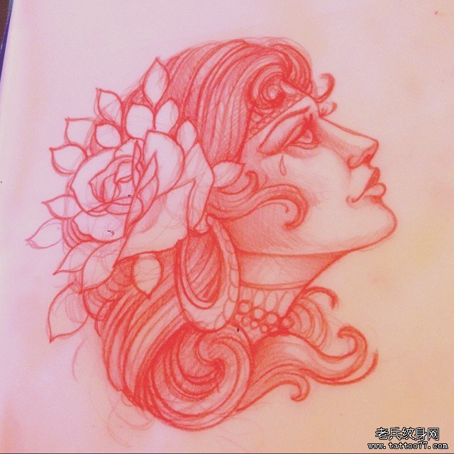 玫瑰欧美女郎school纹身图案手稿