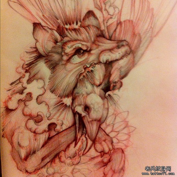 欧美狼头鸟纹身图案手稿