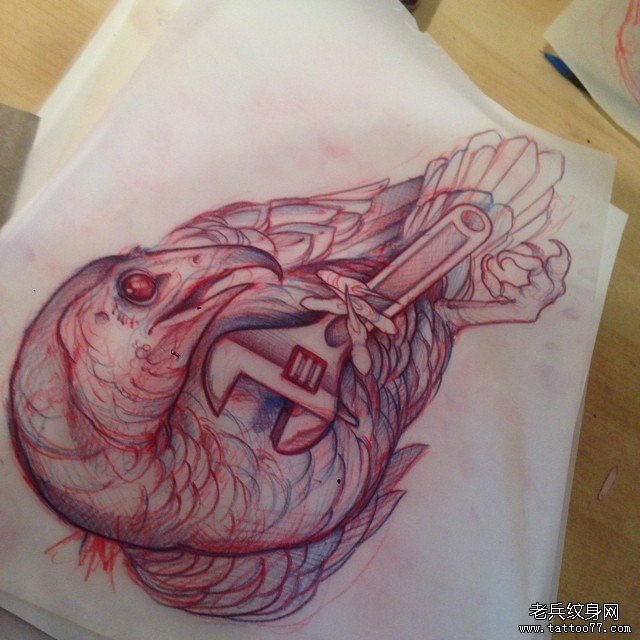 欧美school鸟扳手纹身图案手稿