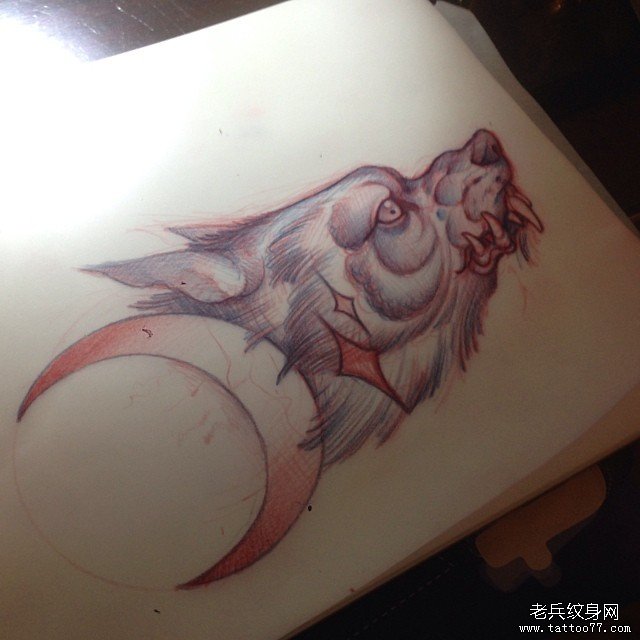 school狼头月亮纹身图案手稿