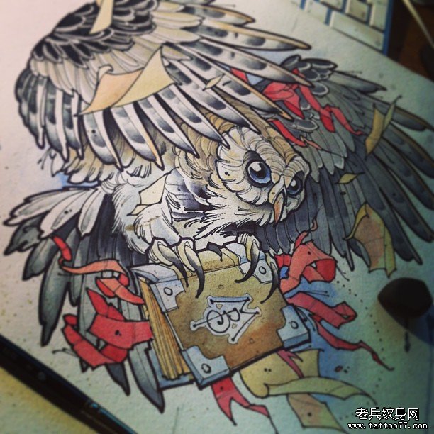 欧美猫头鹰书本school纹身图案手稿