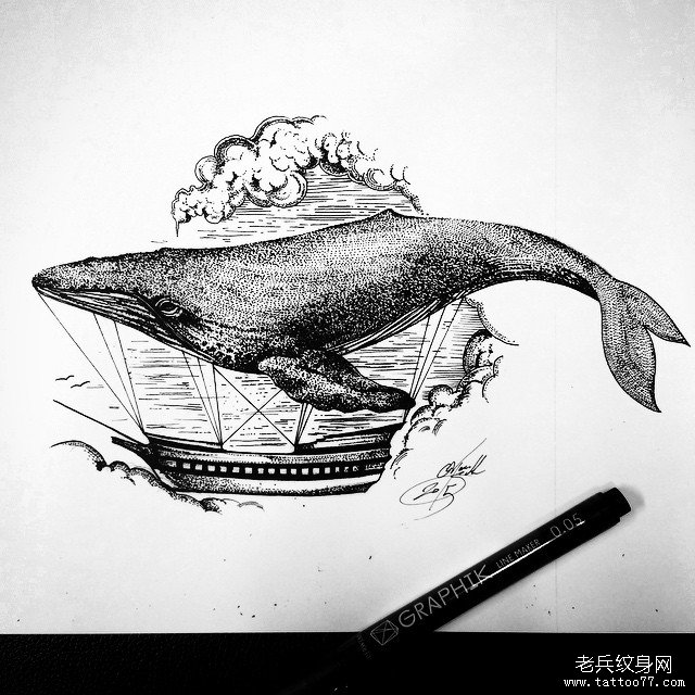 欧美点刺鲸鱼船纹身图案手稿