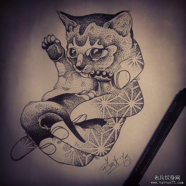 欧美猫点刺纹身图案手稿
