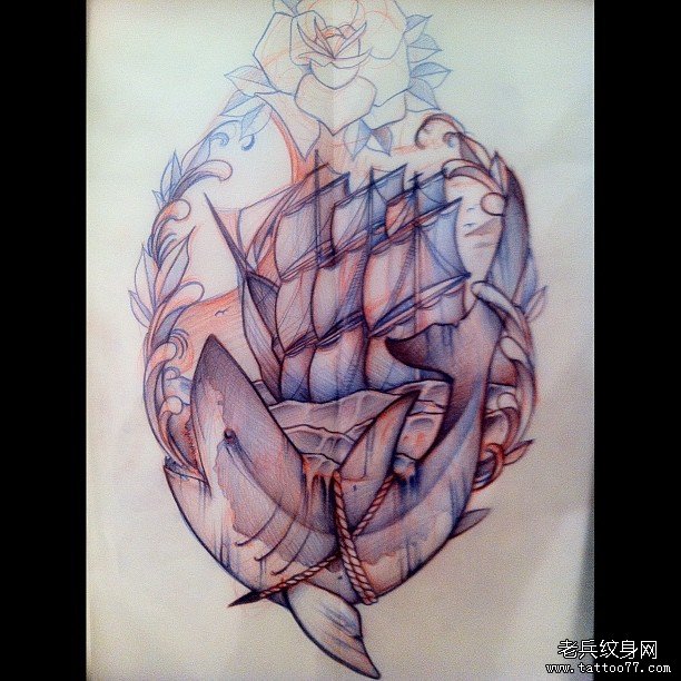 欧美school鲨鱼帆船纹身图案手稿