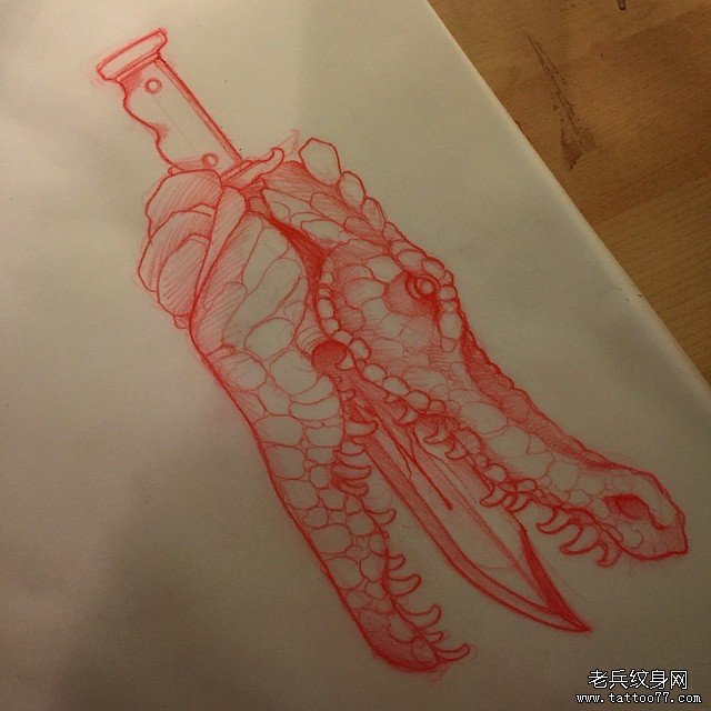欧美鳄鱼匕首纹身图案手稿