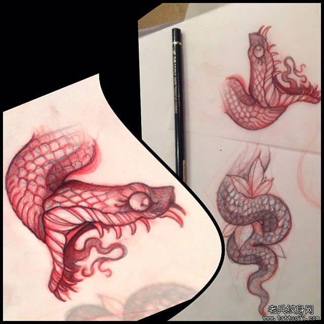 欧美school蛇头纹身图案手稿