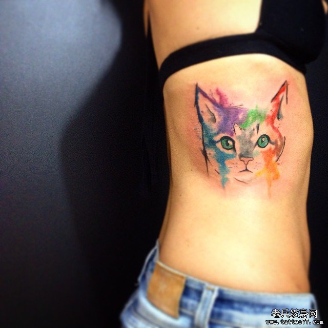 侧腰泼墨猫纹身图案