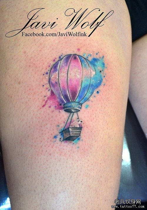 大腿彩色泼墨热气球纹身图案