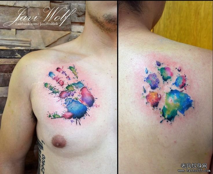 男性胸部泼墨熊掌纹身图案