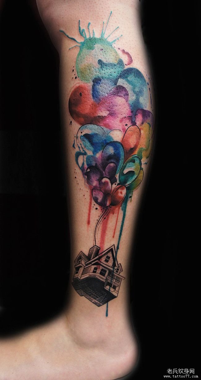 小腿气球彩色泼墨纹身图案