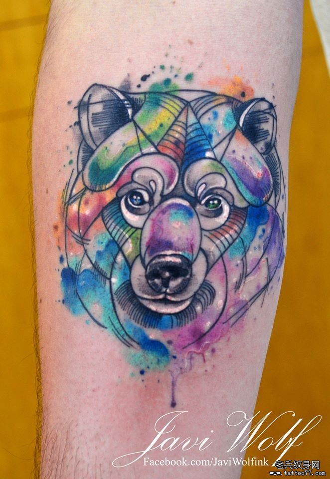 小腿欧美泼墨熊头纹身图案