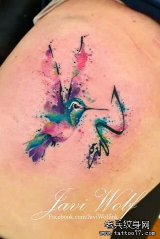 肩部蜂鸟泼墨彩色花卉纹身图案