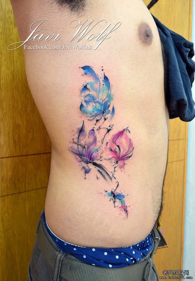 侧腰花朵精灵彩色泼墨纹身图案