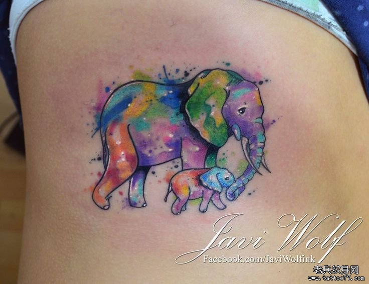 侧腰性感彩色泼墨大象纹身图案