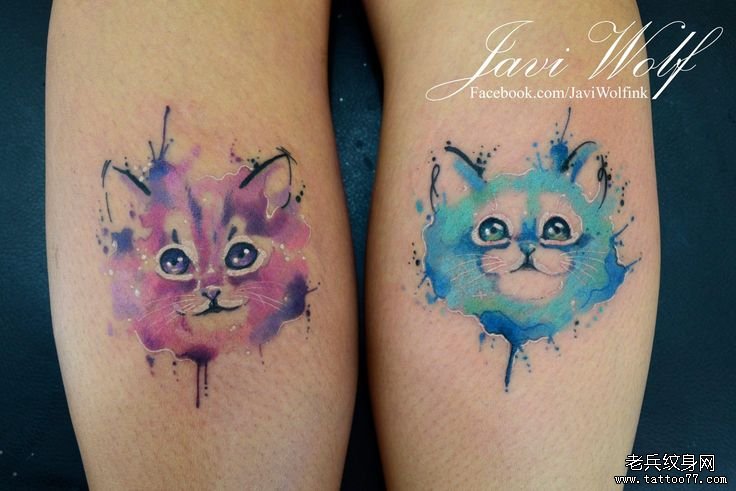 小腿彩色猫头像泼墨纹身图案
