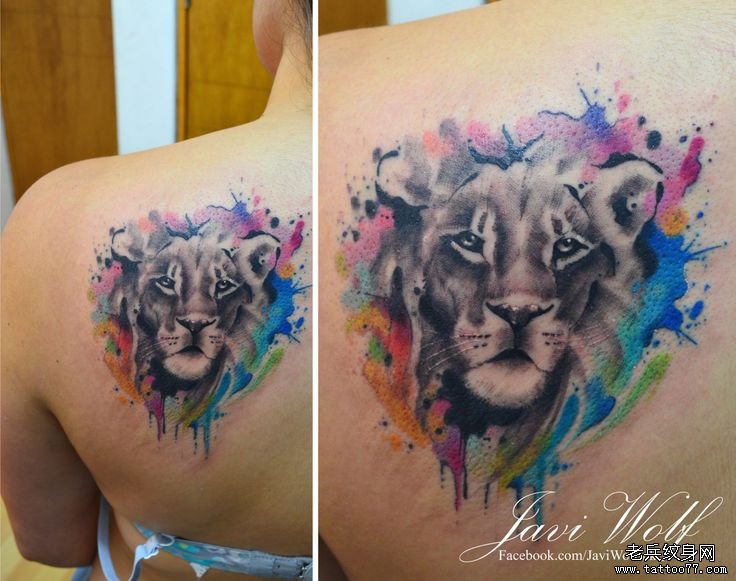 背部彩色狮子头泼墨纹身图案
